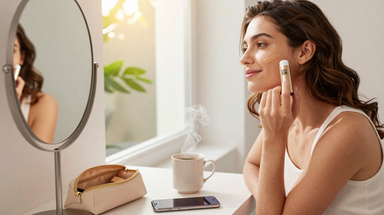 Woman applying foundation stick to her cheek while sitting at a table with a mirror, phone, makeup bag, and steaming cup.