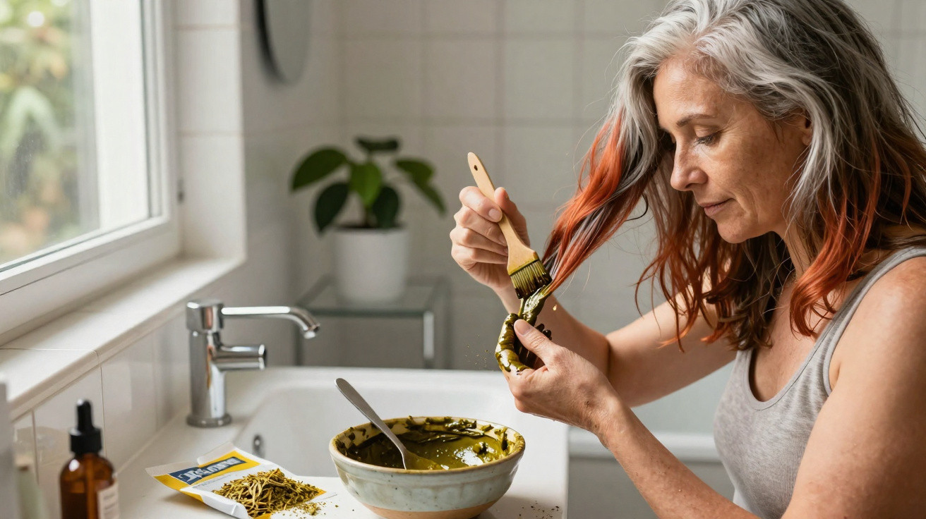 Mature woman applying henna hair dye with a brush in a bright bathroom by a window.