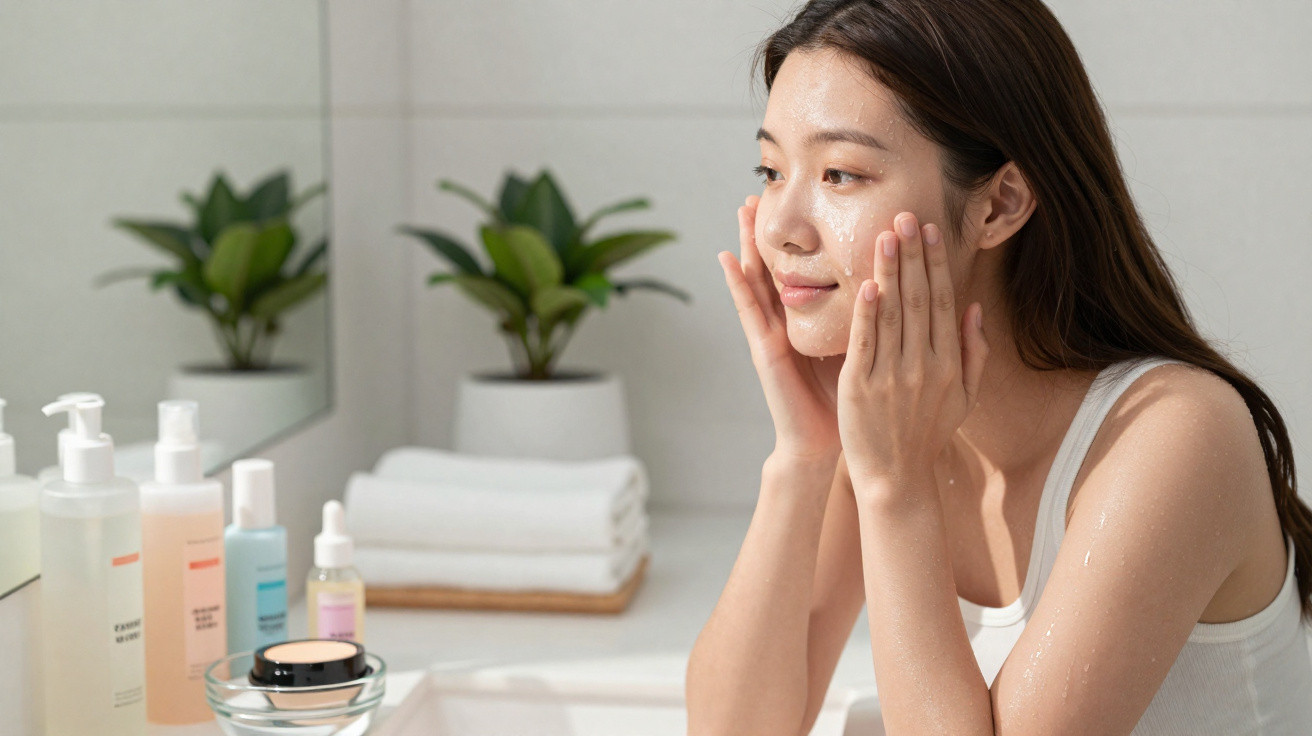 Young woman applying facial cleanser in a bright bathroom with skincare products and plants nearby.