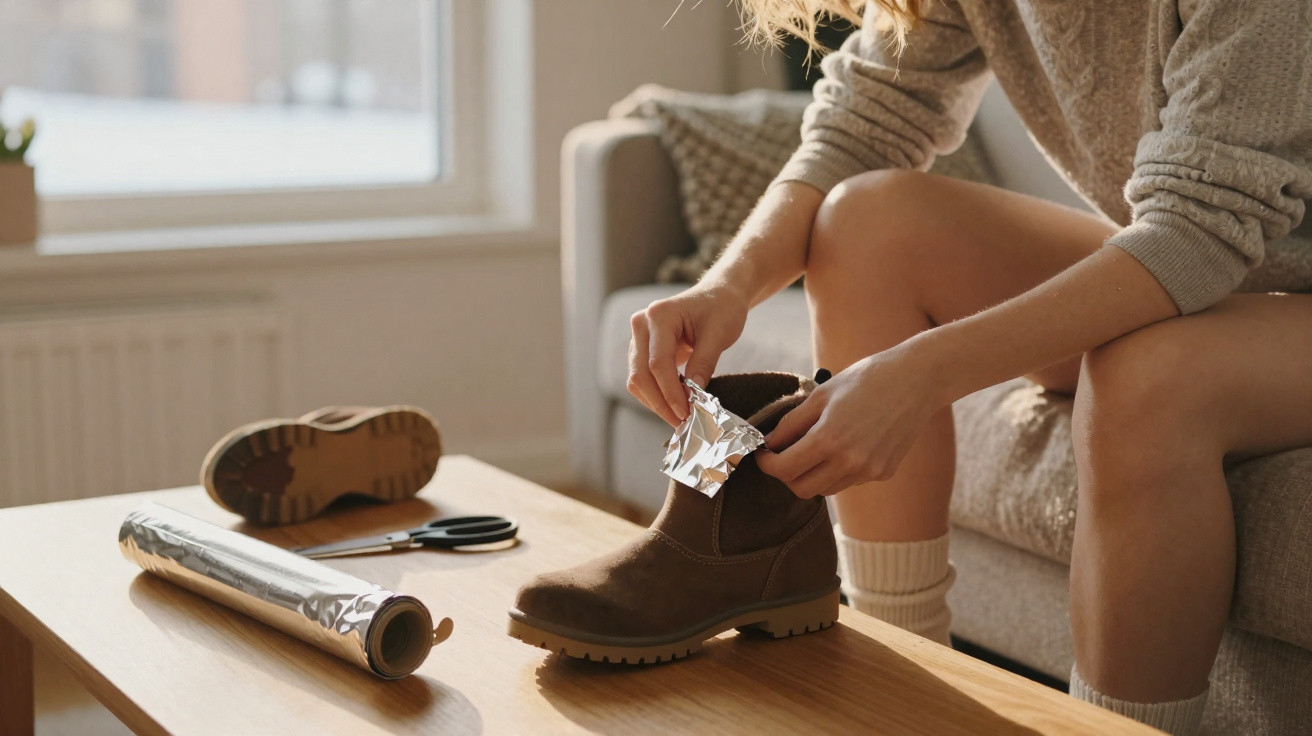 Person inserts aluminium foil into a brown boot while sitting on a sofa in a bright room.