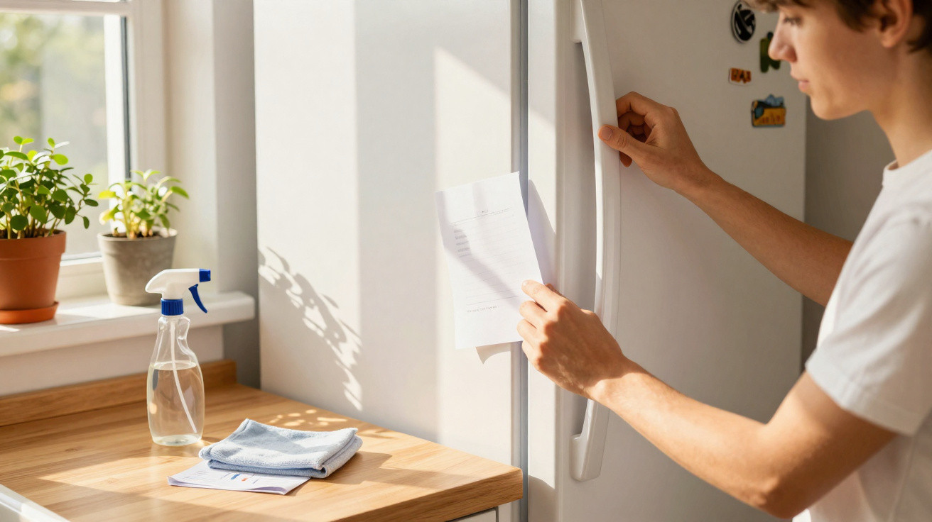 Person attaching a paper to a white fridge in a sunlit kitchen with plants and cleaning supplies nearby.