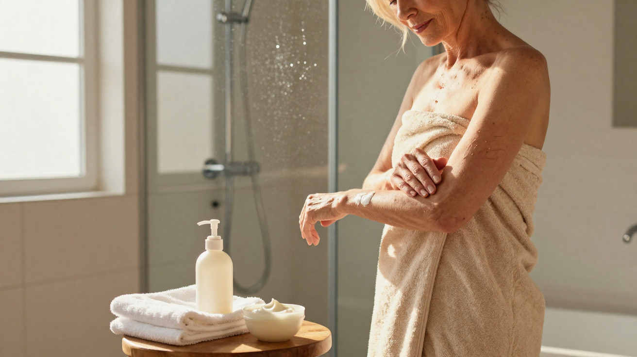 Mature woman wrapped in a towel applying lotion on her arm in a bright bathroom.