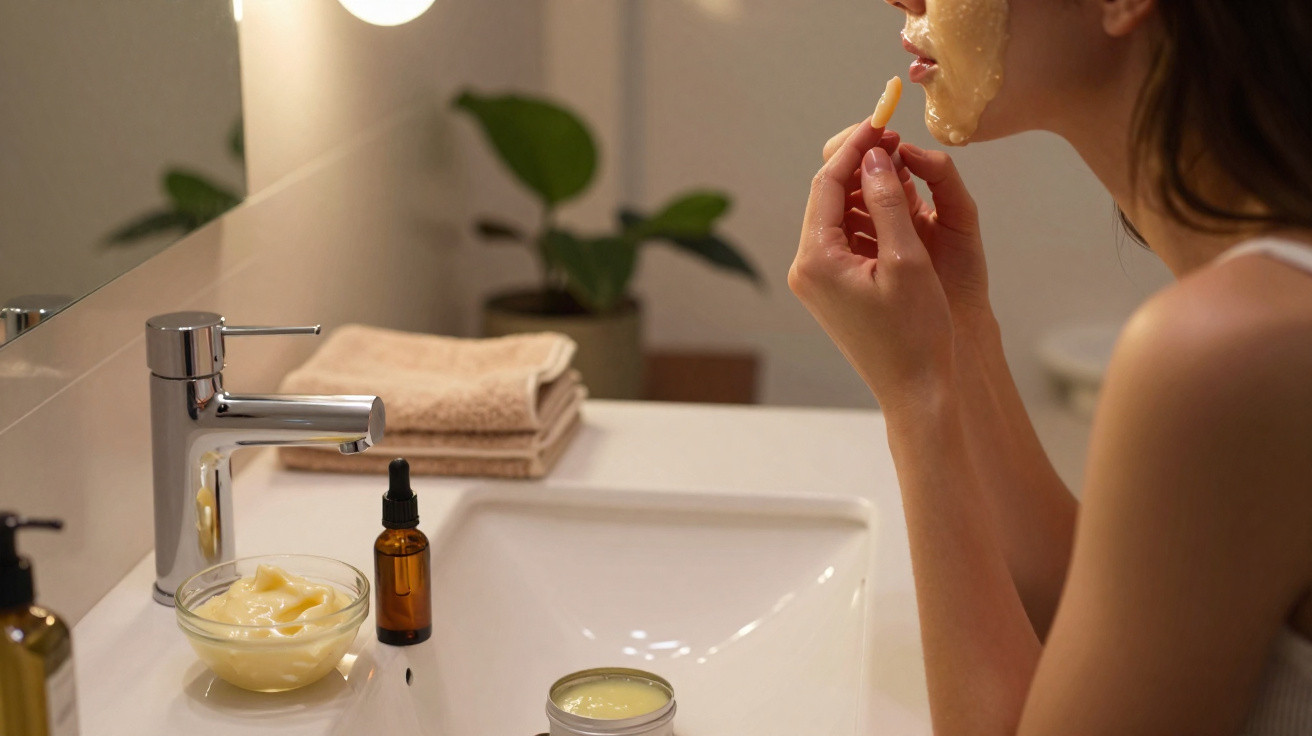 Woman applying creamy facial mask in a bright bathroom with skincare products on the sink.