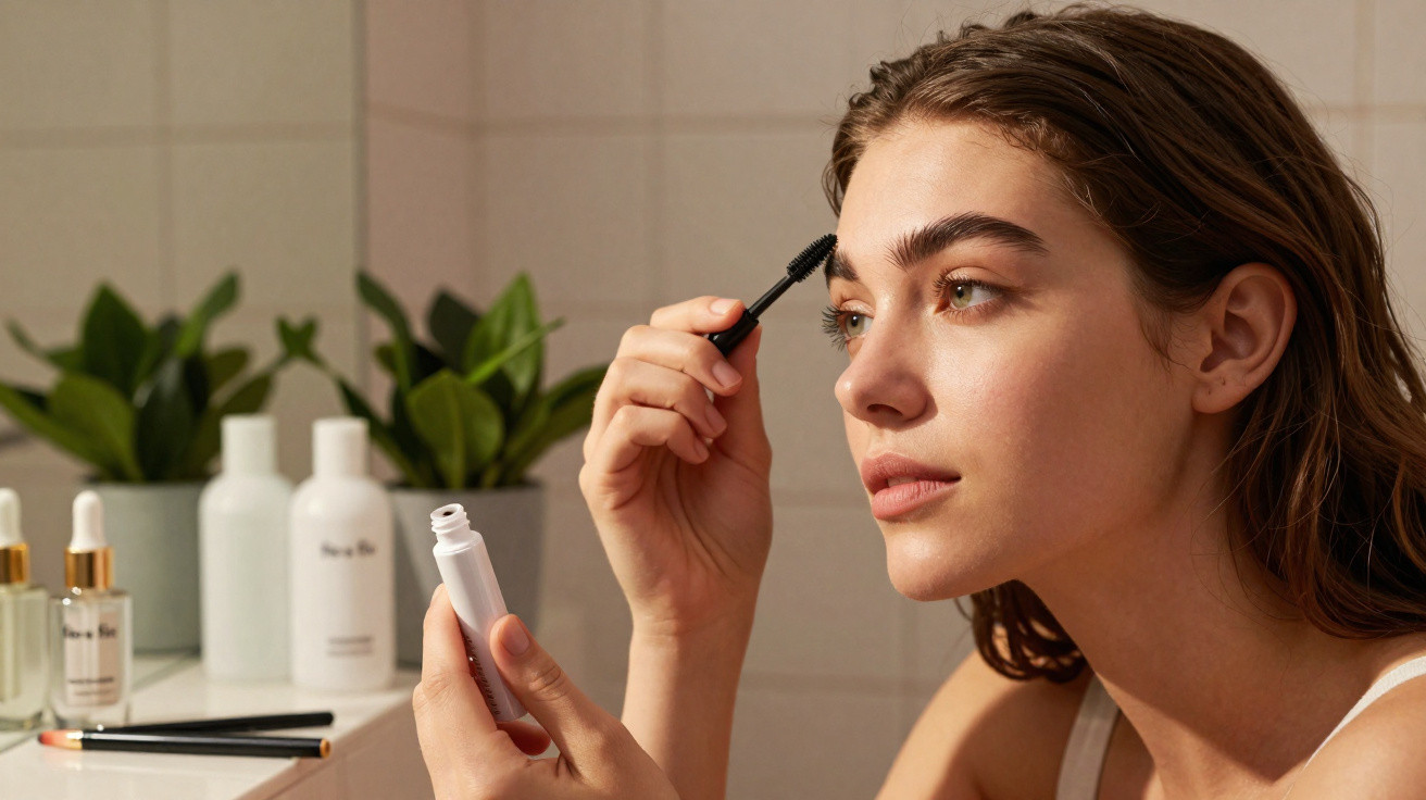 Young woman applying mascara in a softly lit bathroom with plants and skincare products in the background.