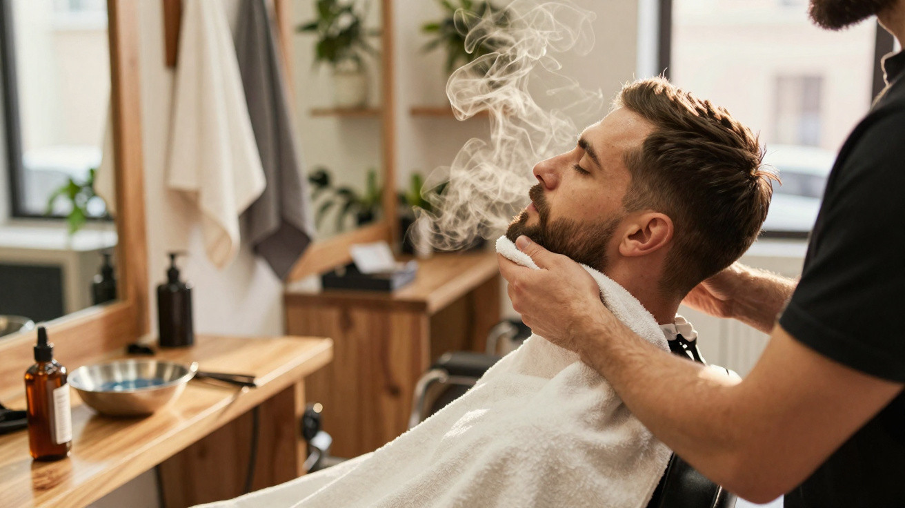 Man receiving hot towel treatment on his face at a barbershop, steam rising from the towel.