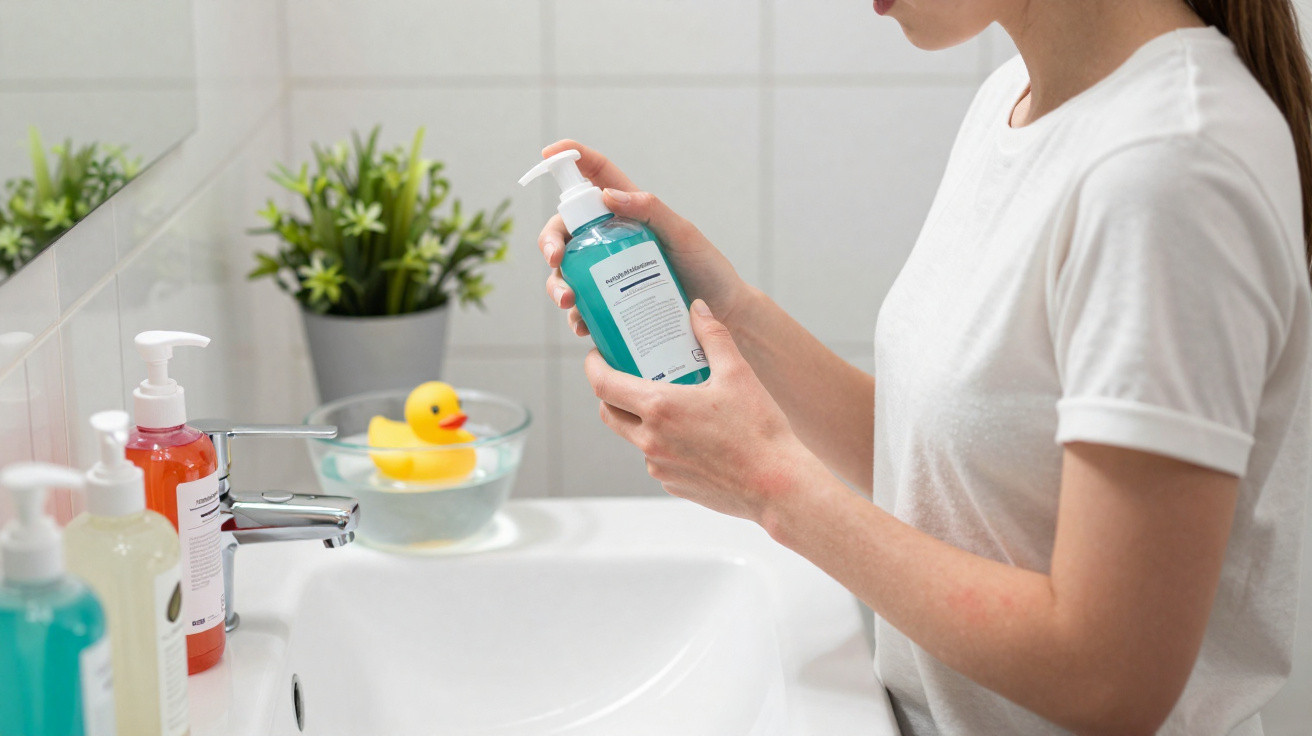 Person reading label on bottle of hand sanitizer in bathroom with soap dispensers and rubber duck.