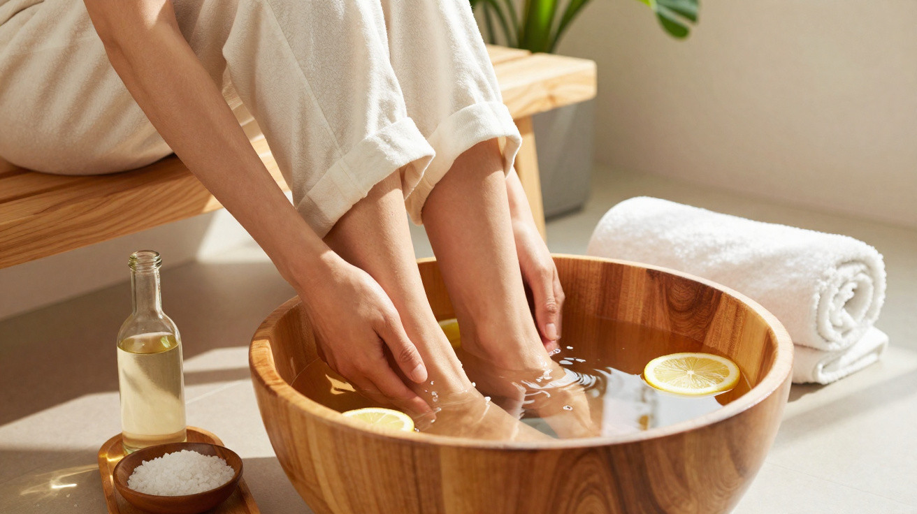 Person soaking their feet in a wooden bowl with water and lemon slices, next to oil, salt, and a rolled towel.