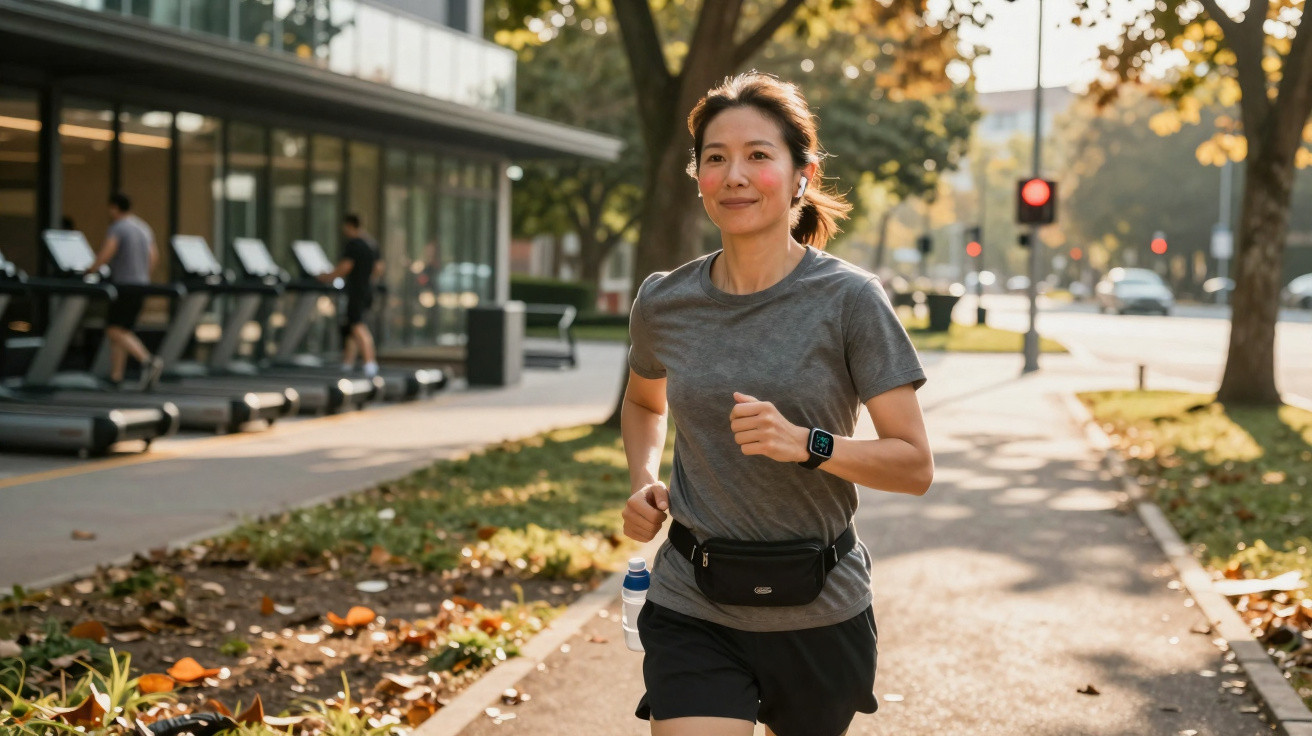 Woman jogging on a sunny urban path wearing a grey t-shirt, black shorts, smartwatch, and waist pouch.