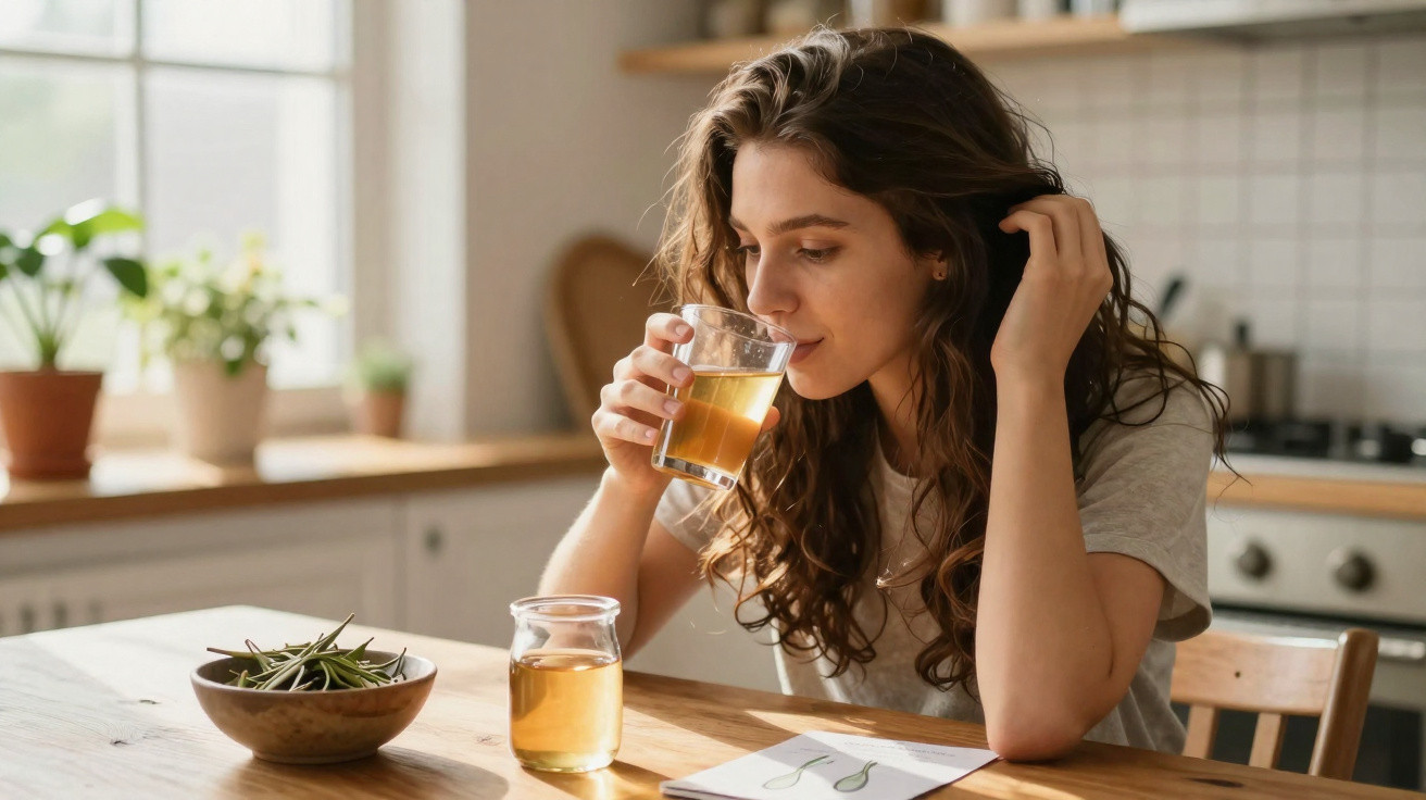 Young woman drinking herbal tea at wooden kitchen table with plants and teapot nearby