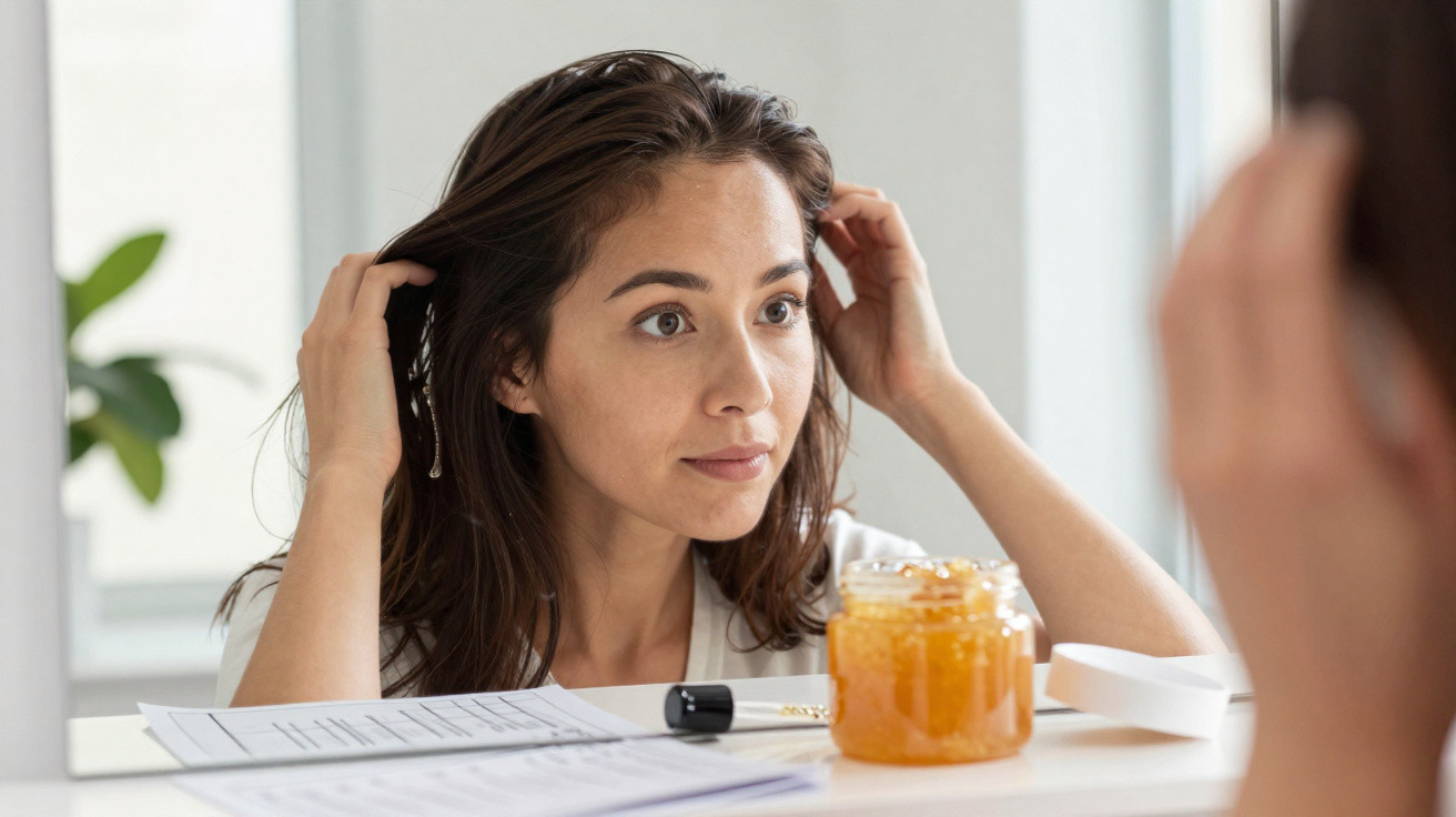 Young woman looking at her reflection while touching her hair, with a jar of honey and papers on the table.