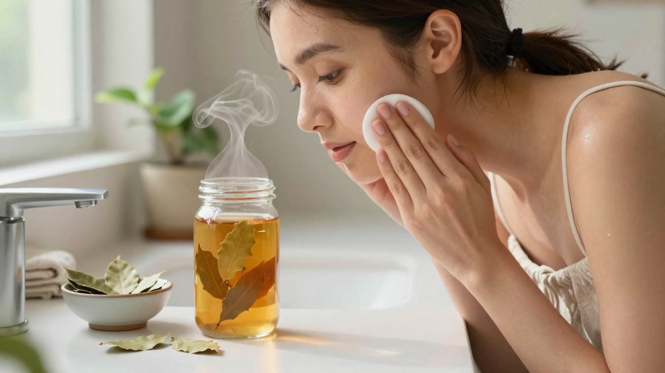 Woman holding a cotton pad to her face with a steaming jar of herbal leaves on a kitchen counter by a window.