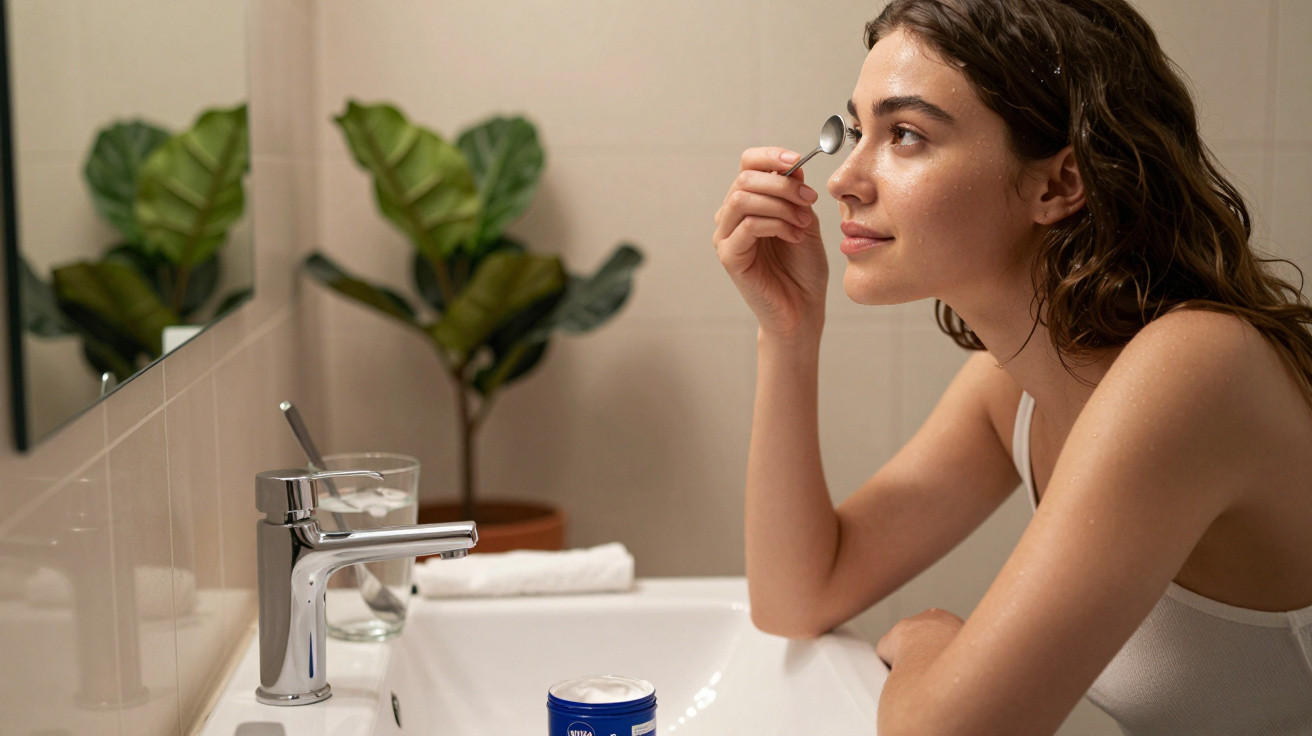 Woman using a metal eye roller on her under-eye area while leaning over a bathroom sink with skincare products.