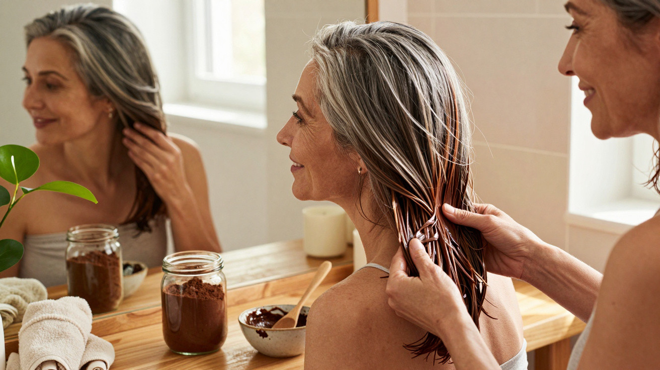 Two women in a bathroom applying a hair mask treatment, one woman sitting while the other massages her hair.
