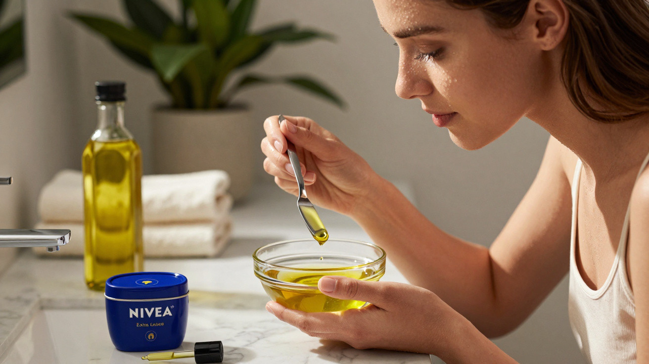 Woman holding a spoon with oil over a glass bowl, next to a NIVEA cream jar on a bathroom countertop.
