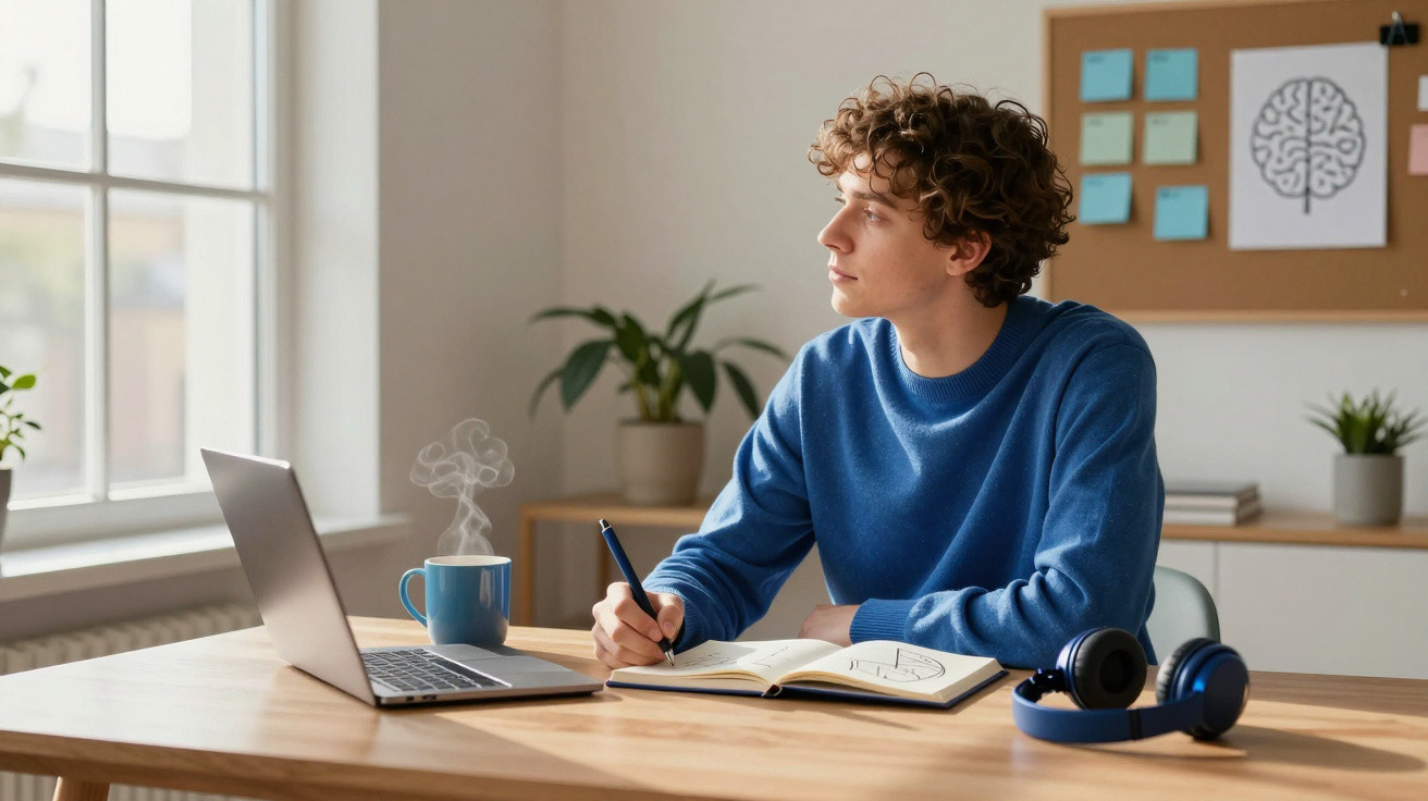 Young man in blue sweater writing in notebook while looking out window next to laptop and steaming mug