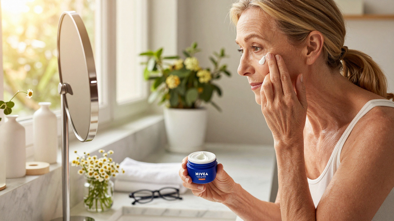 Mature woman applying Nivea cream on her face in a bright bathroom with a round mirror and plants nearby.
