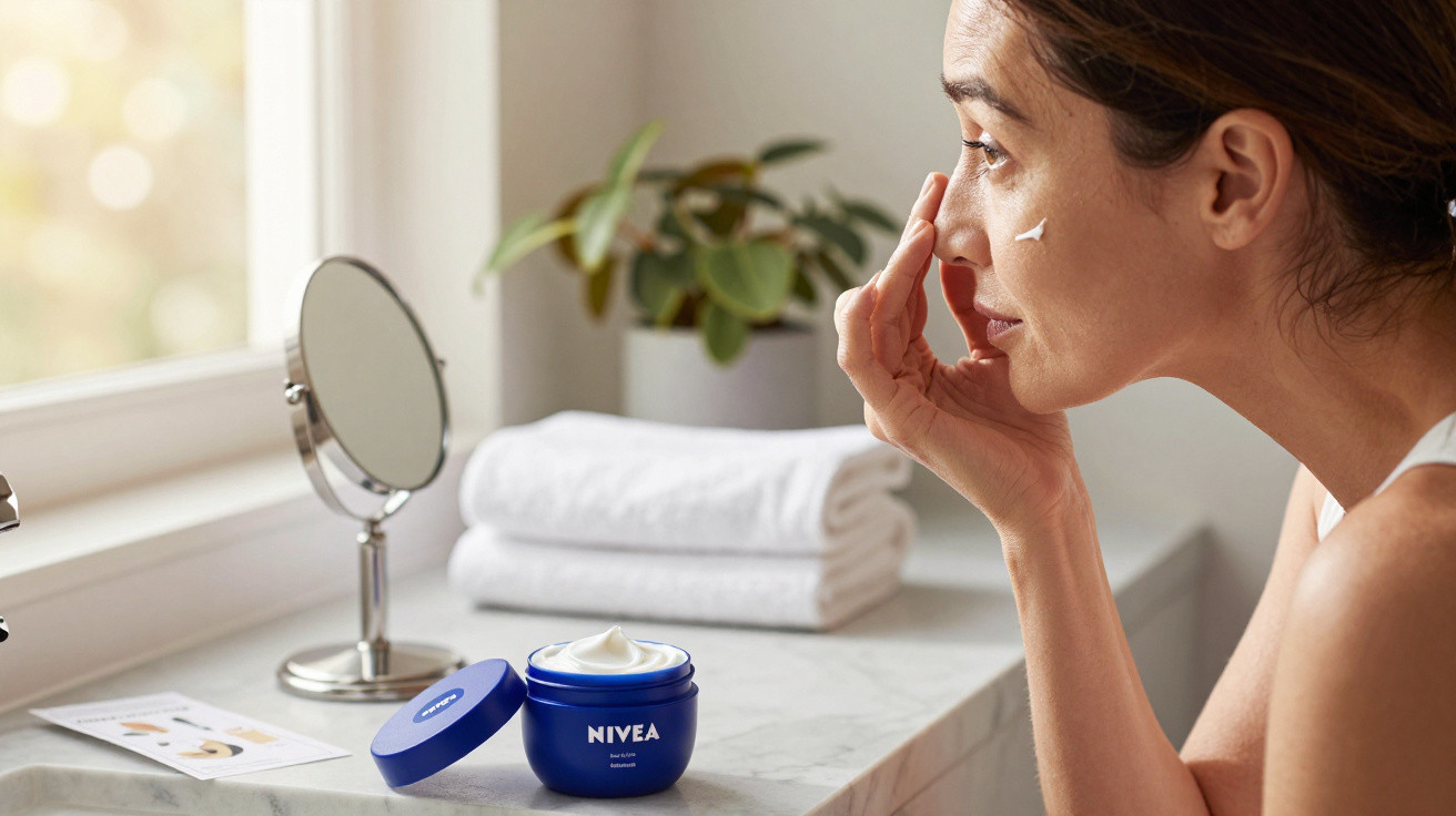 Woman applying Nivea face cream in a bathroom with towels and a mirror on the counter.