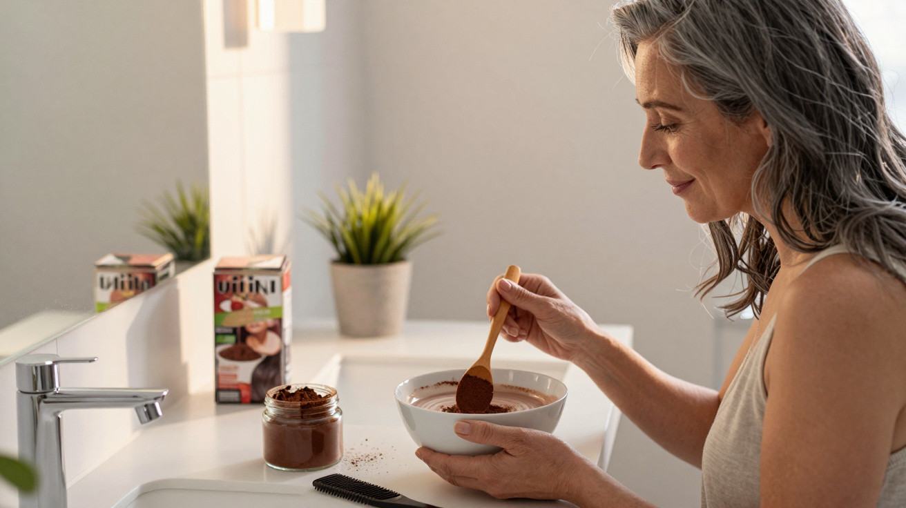 Middle-aged woman mixing hair dye in a bowl in a bright bathroom with products and plants nearby.