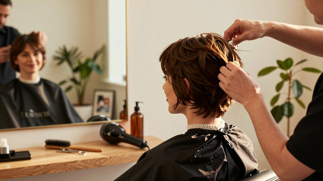 Hairdresser styling a short haircut on a seated woman in a bright salon with plants and tools nearby.