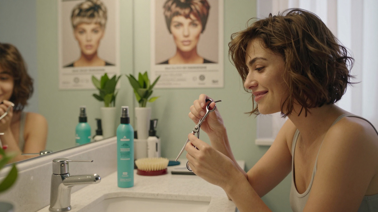Woman with short hair smiling while holding scissors in a bathroom with hair product bottles and hairstyle posters behind.