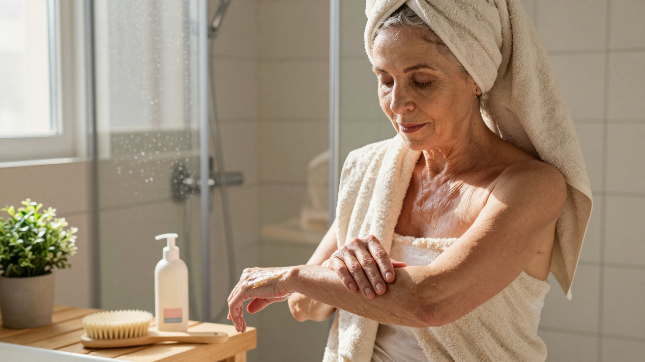Older woman with a towel wrapped around her head applying lotion to her arm in a bright bathroom.