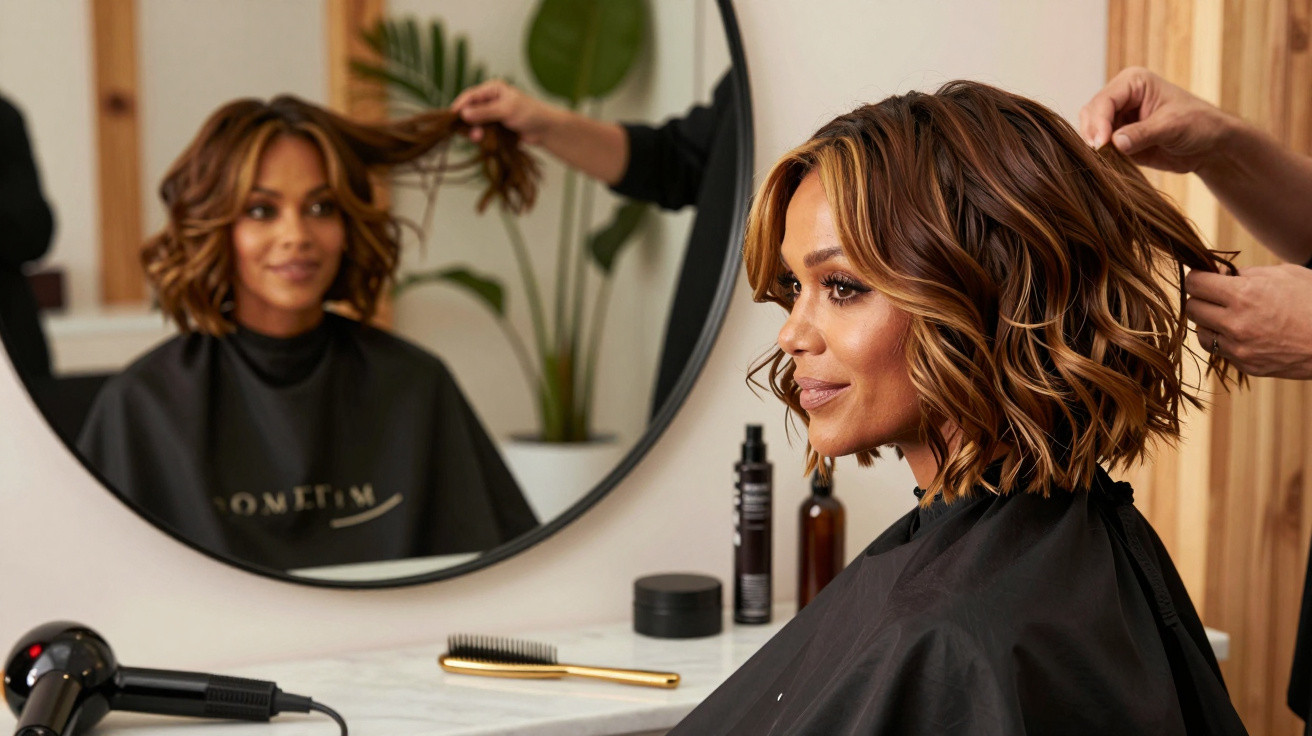 Woman with shoulder-length wavy hair getting her hair styled at a salon, seated in front of a round mirror.