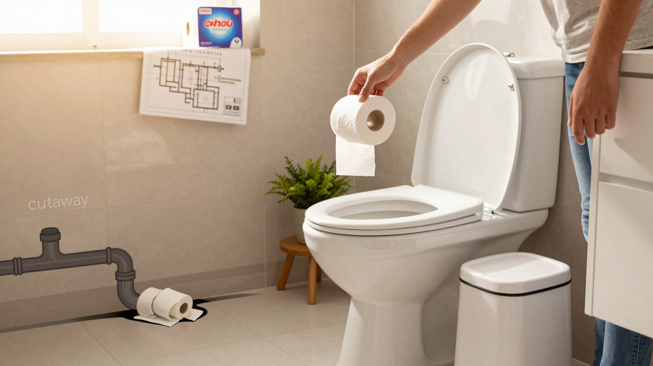 Person holding toilet paper over a white toilet in a bathroom with a pipe cutaway and spilled paper on the floor.