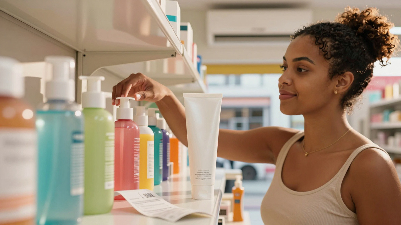 Woman selecting a bottle from a shelf filled with colourful skincare or haircare products in a store.