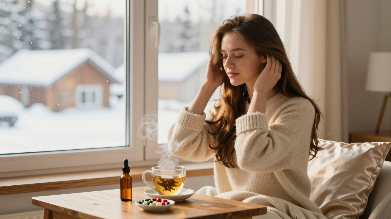 Young woman in cosy sweater enjoying hot tea by a snowy window with medicine and oil bottle on table