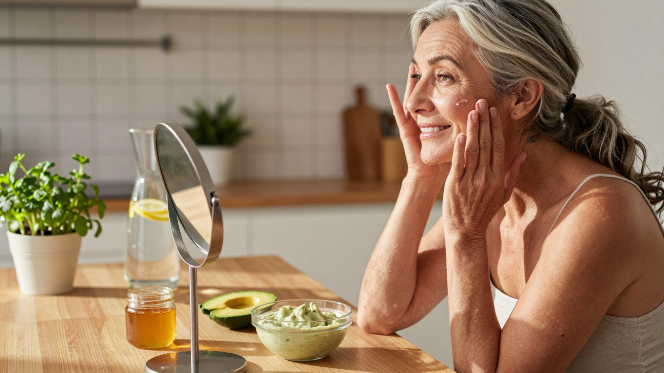 Mature woman smiling while applying skincare in front of a mirror on a kitchen table with avocado and honey.