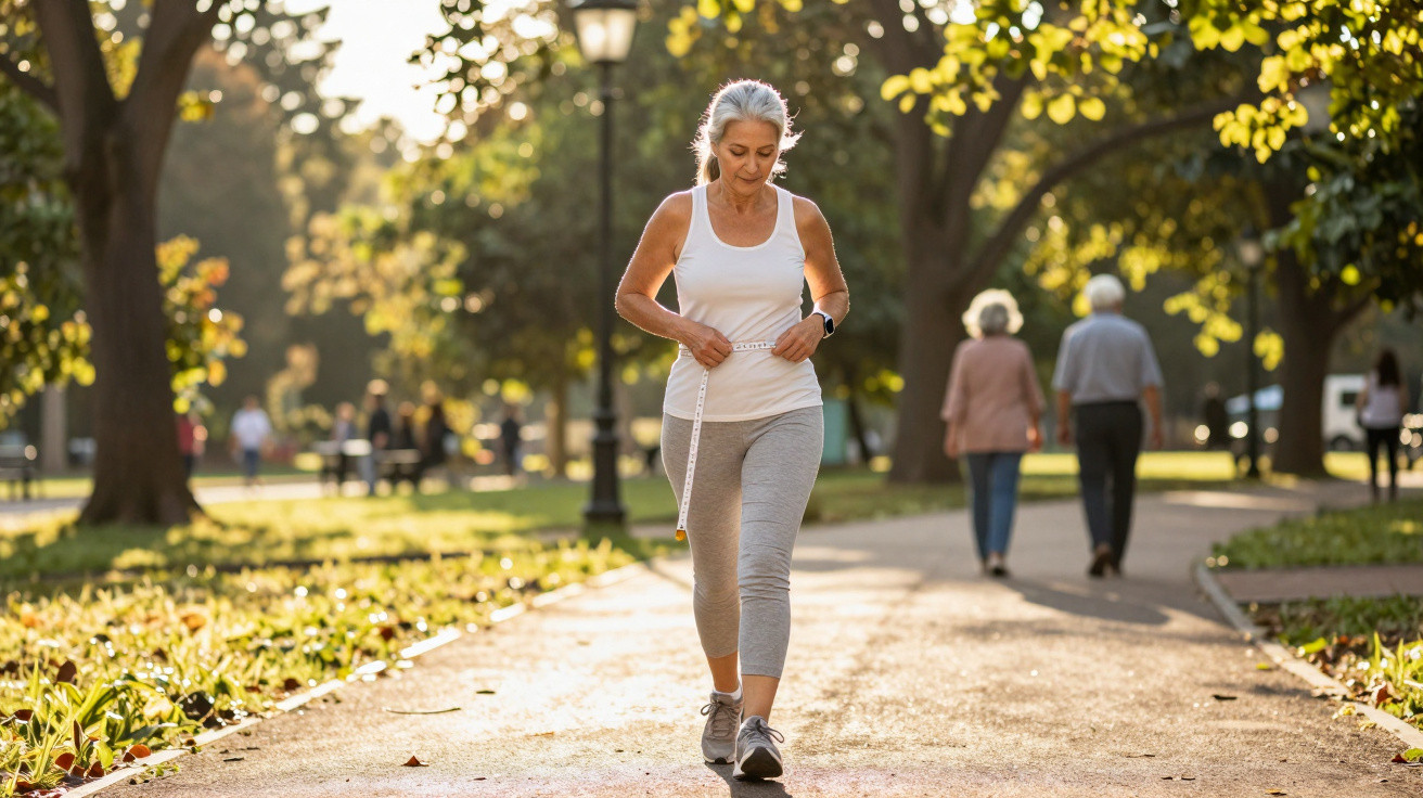 Mature woman in sportswear measures her waist with a tape measure while walking in a sunlit park.