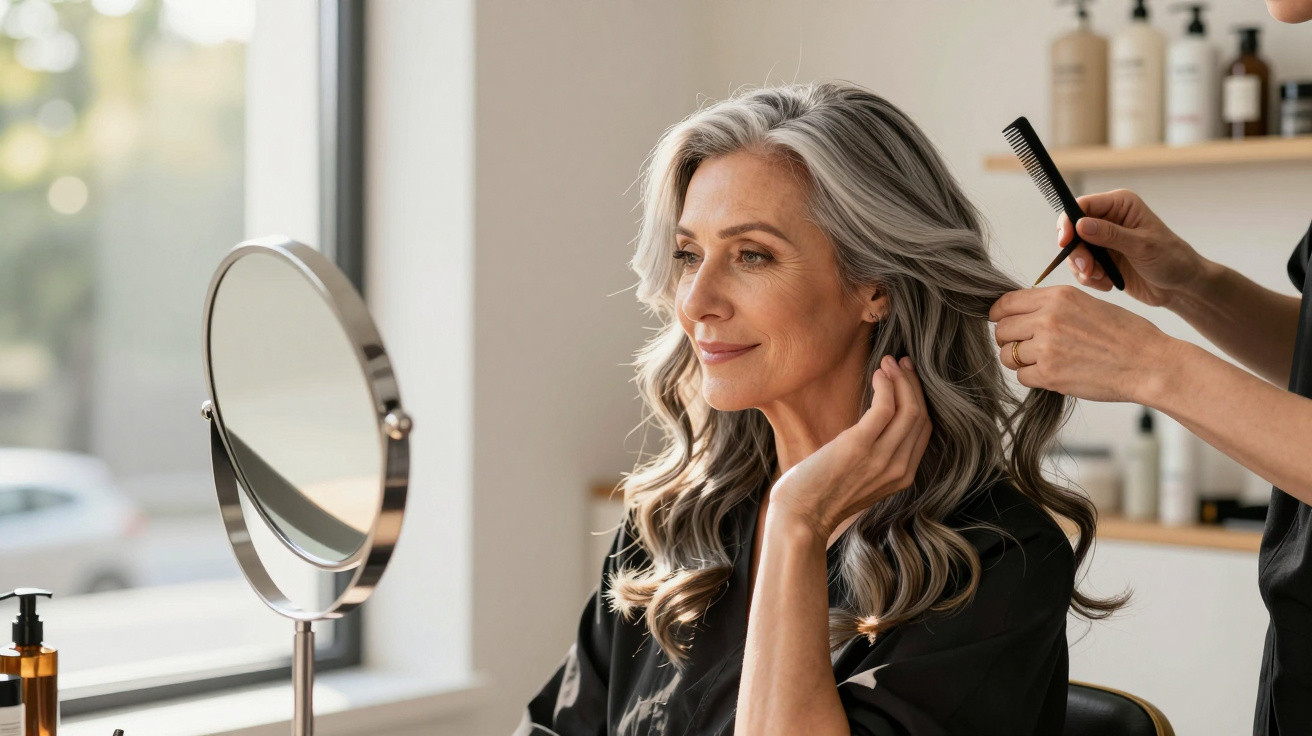 Middle-aged woman with grey hair getting her hair styled at a salon, looking at herself in a round mirror.