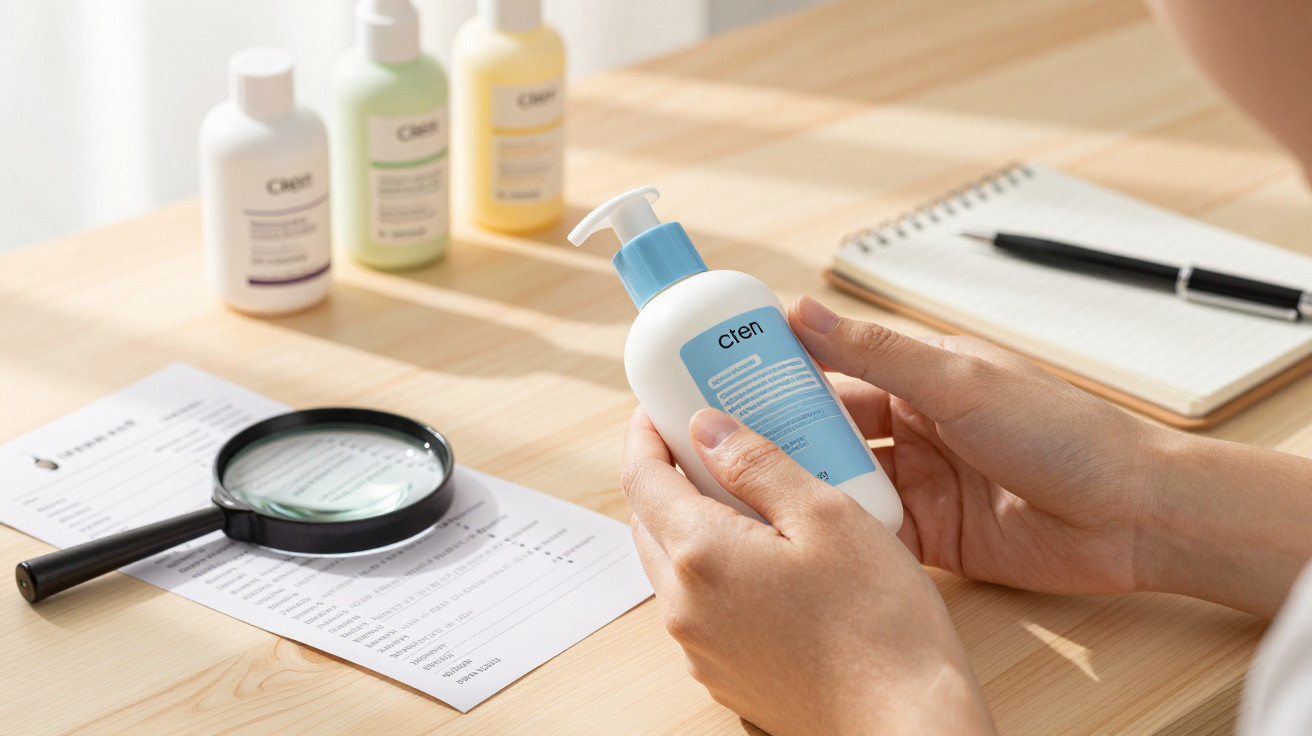Person holding a white and blue skincare bottle at a wooden desk with other skincare bottles, magnifying glass, and notebook.