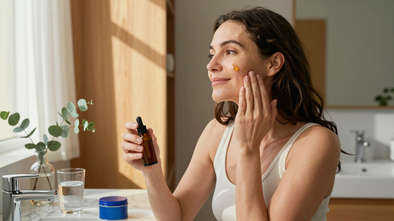 Woman applying facial serum in bathroom with natural light and skincare products nearby