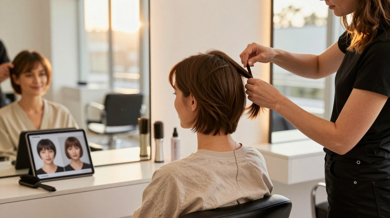 Hairdresser styling a woman’s short brown hair in a salon with a tablet showing hairstyle options.