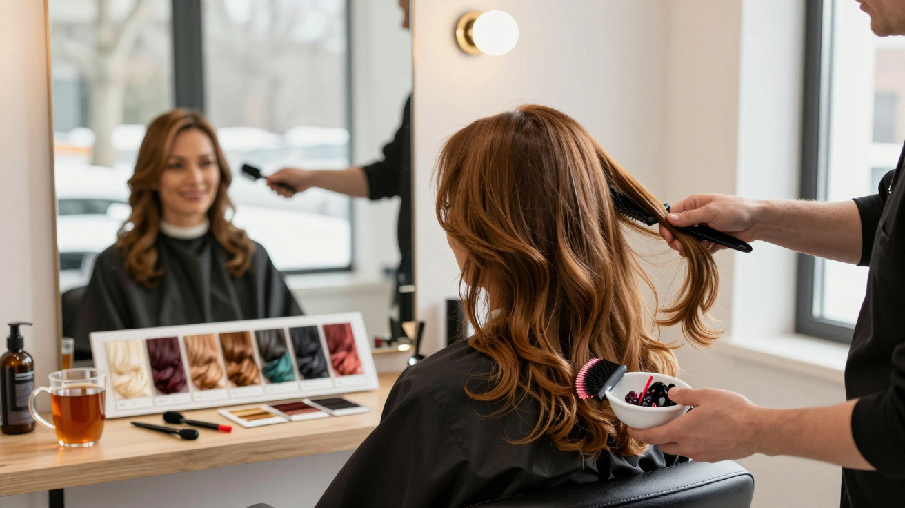Woman with long auburn hair having it styled by a hairdresser in a bright salon with a colour chart on the counter.