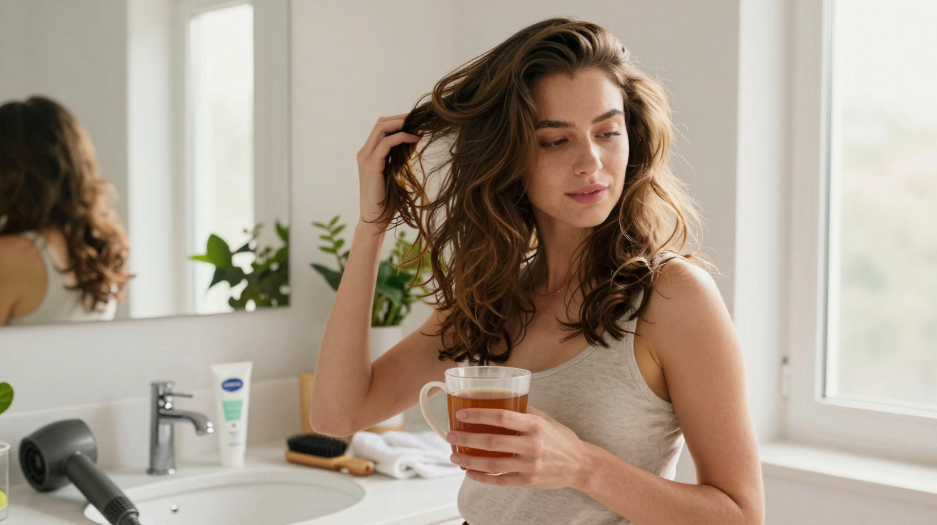 Woman in a grey tank top holding a glass cup of tea, touching her hair in a bright bathroom with plants.