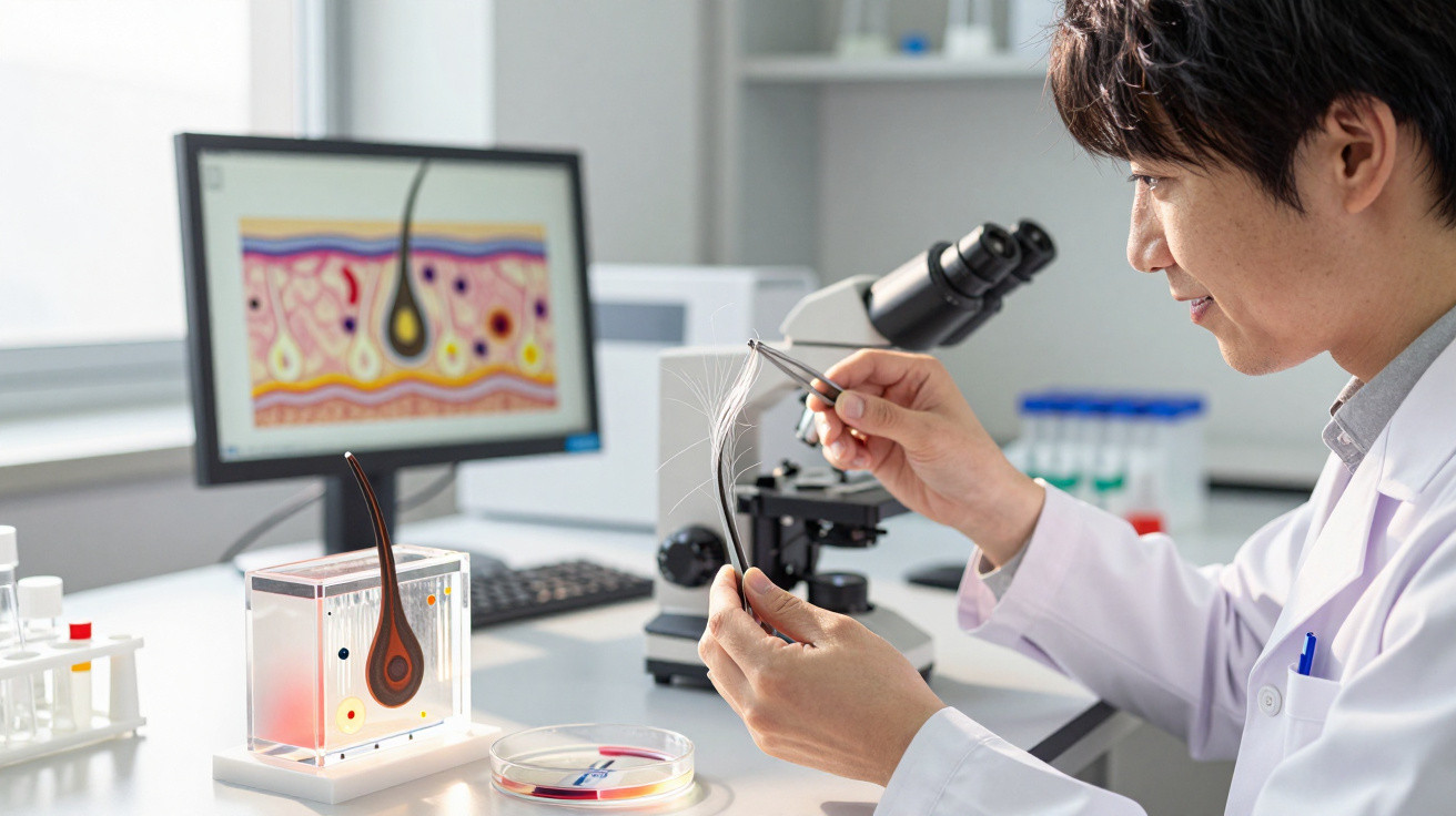 Scientist examining hair strands with tweezers in a lab, with hair follicle models and microscope in the background.