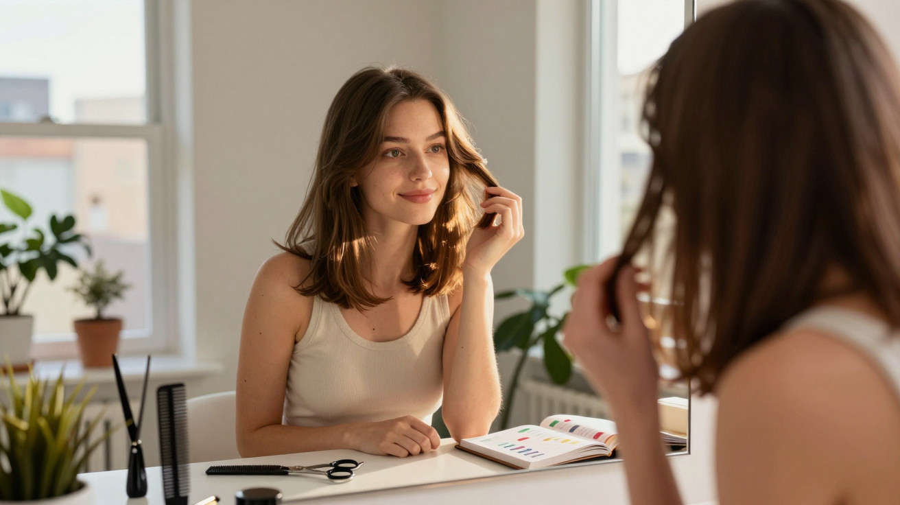 Young woman sitting at a desk looking at herself in a mirror with a colour palette book on the table.