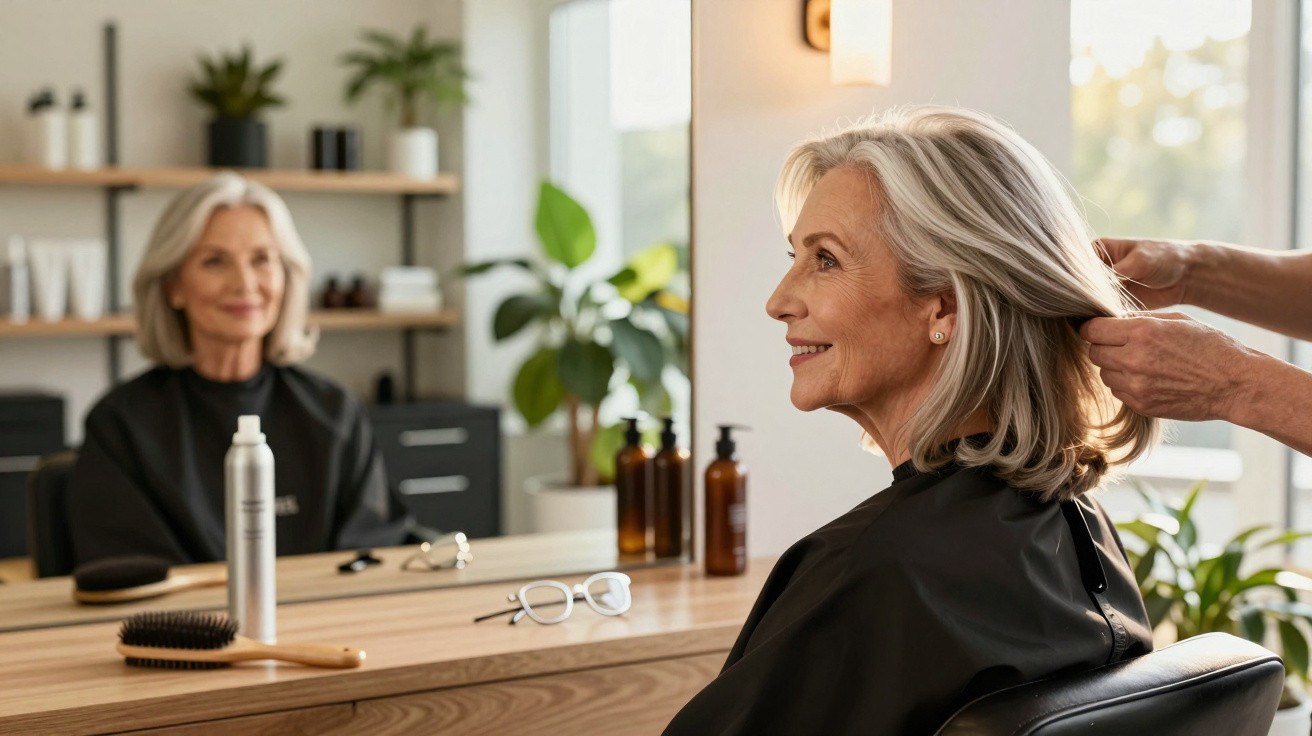 Smiling older woman with grey hair getting styled in a modern salon with plants and hair products in the background.