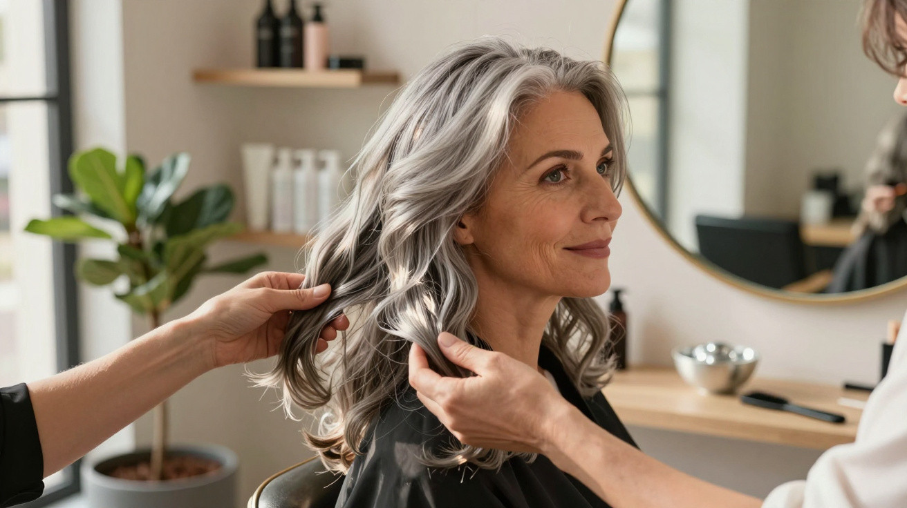 Older woman with grey wavy hair smiling while hairstylist arranges her hair in a salon.