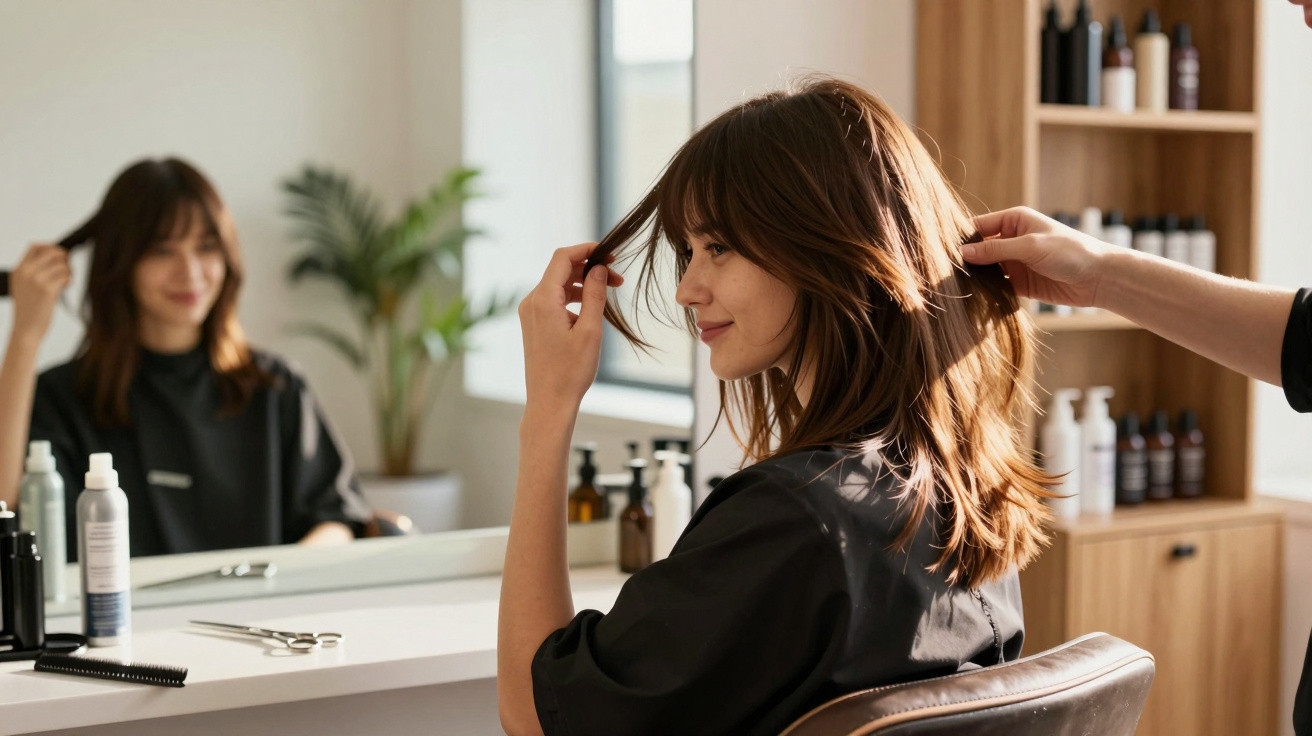 Woman with brown hair sitting in a salon chair, smiling and touching her hair while a stylist adjusts it.