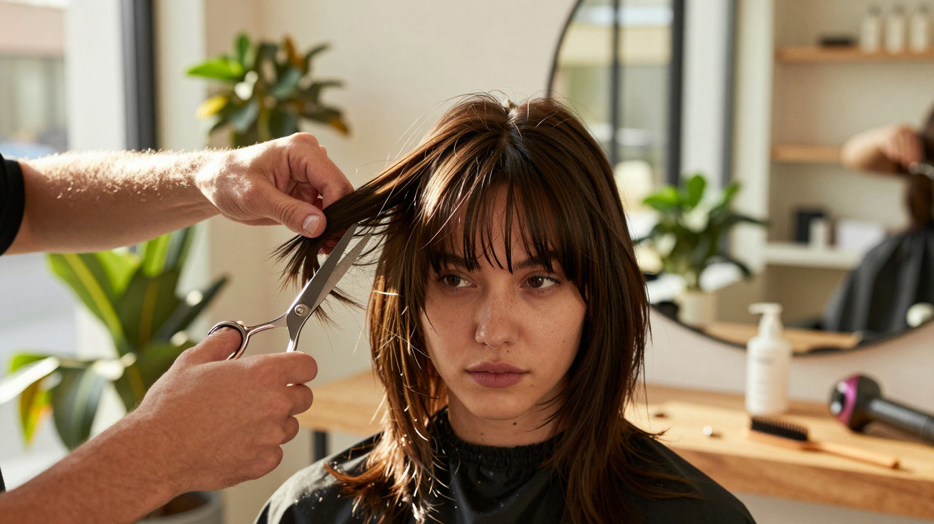 Woman with brown hair getting a trim at a salon, scissors close to her bangs, with salon tools in the background.