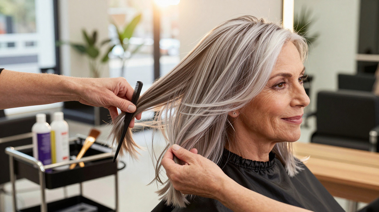 Senior woman with grey hair getting a haircut at a modern salon with natural light in the background.