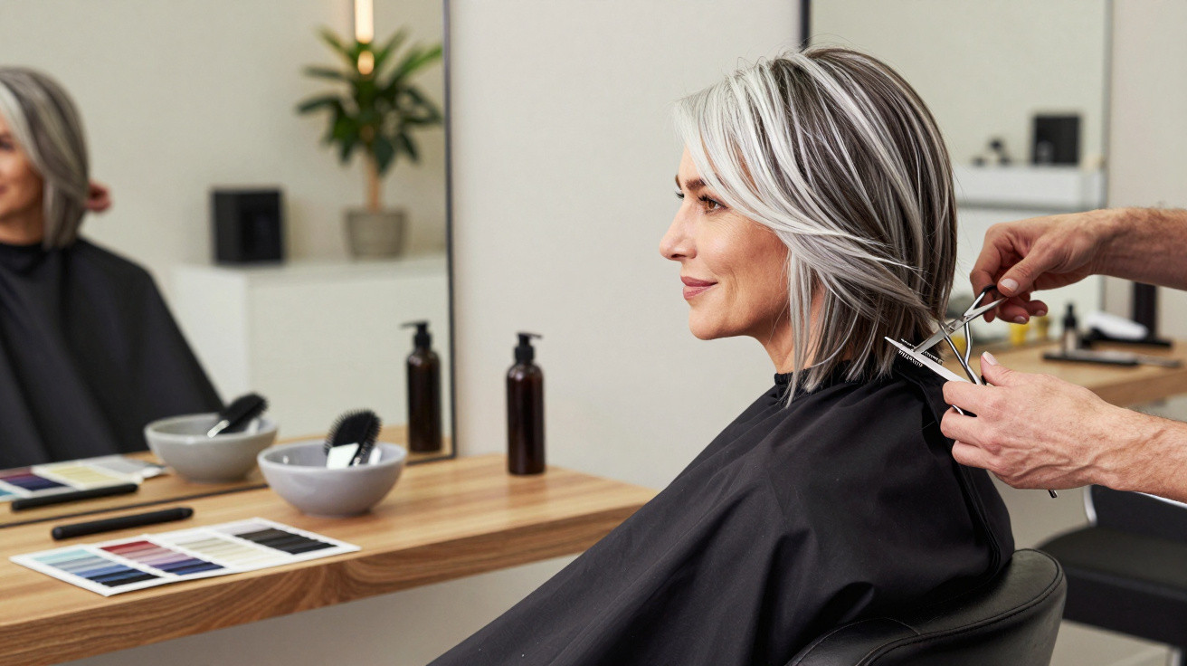 Woman with grey and blonde hair getting a haircut at a modern salon, sitting in a black chair.