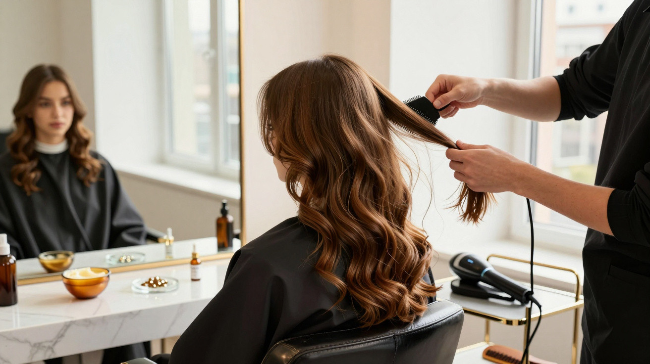 Woman having her long wavy hair styled with a flat iron at a hair salon, reflected in a mirror.