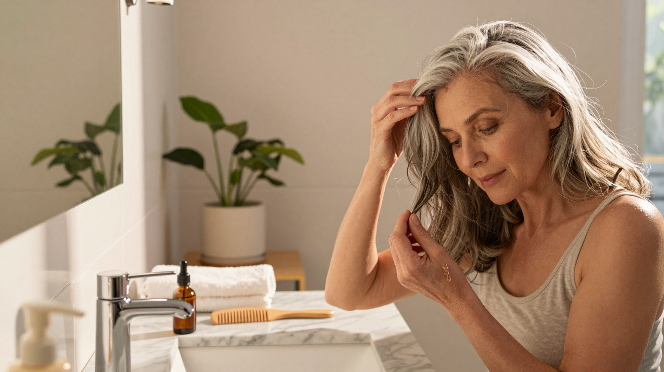 Mature woman applying hair oil to a strand in a bright bathroom with a plant and toiletries on the counter.