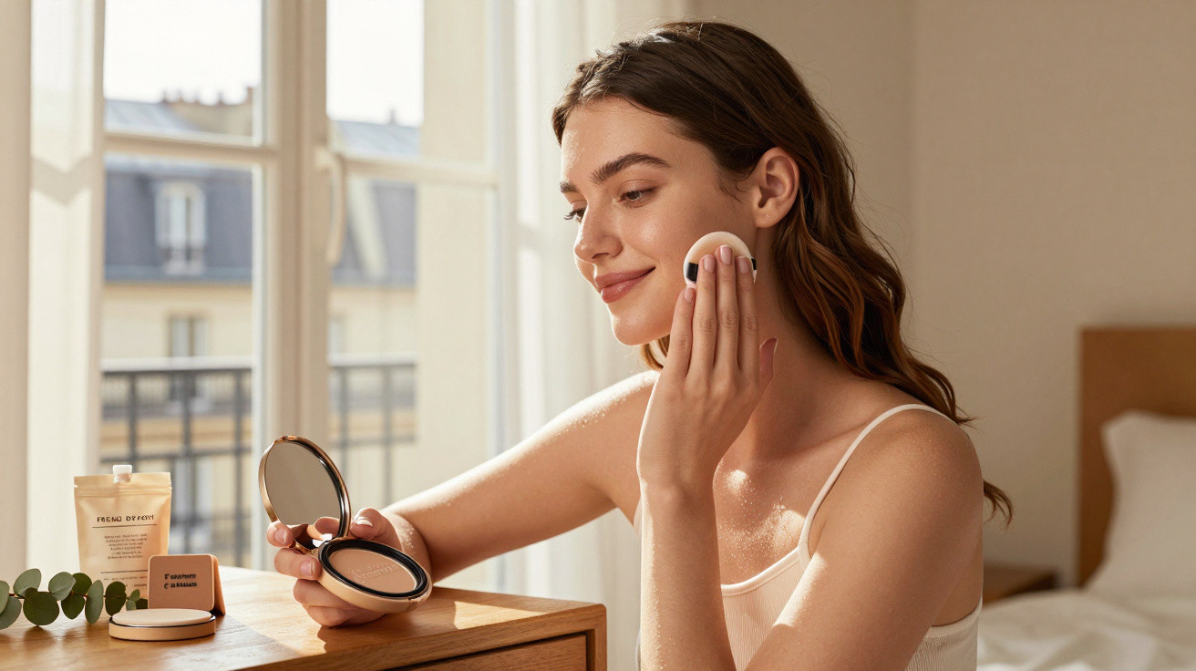 Young woman applying powder makeup on her face while sitting at a wooden table near a window.