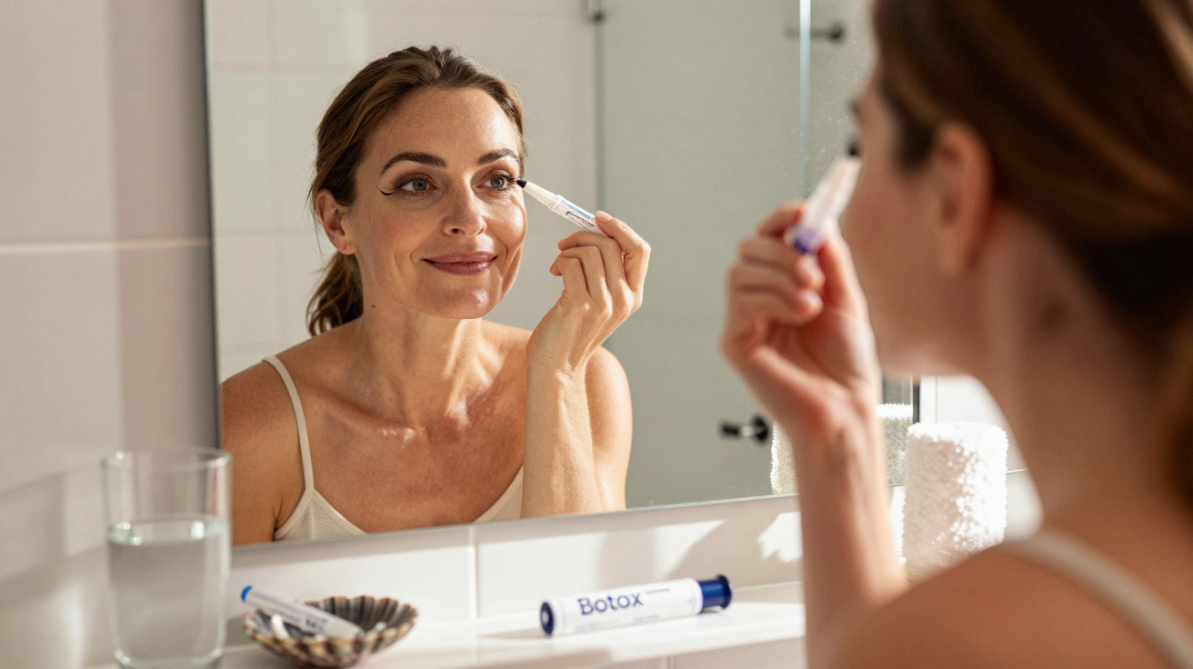 Woman applying Botox under her eye while looking in a bathroom mirror with beauty products on the counter.
