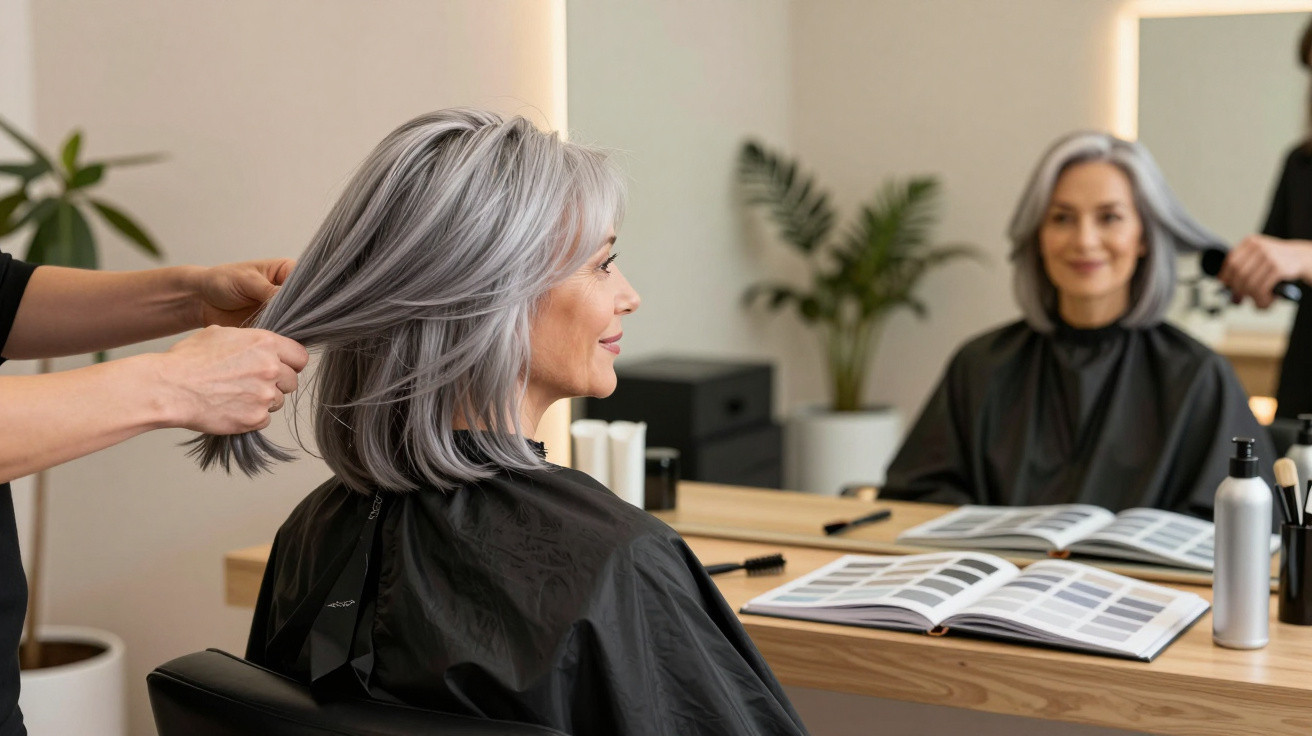 Mature woman with grey hair getting a haircut at a salon, smiling and looking in the mirror.